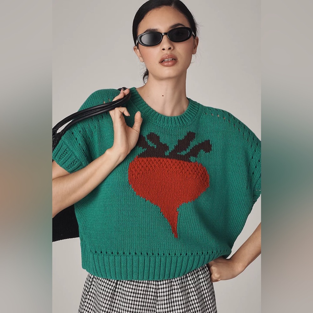 Anthropologie Maeve Short Sleeve Turnip Veggie Motif Sweater (Size S) - NWT